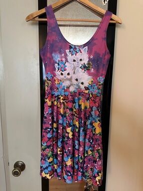 BlackMilk Cute Kitten Floral Scoop Skater Dress in Purple and Multicolor